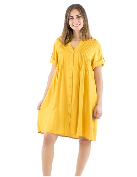 Vestido viscosa mangas cortas pliegue pecho