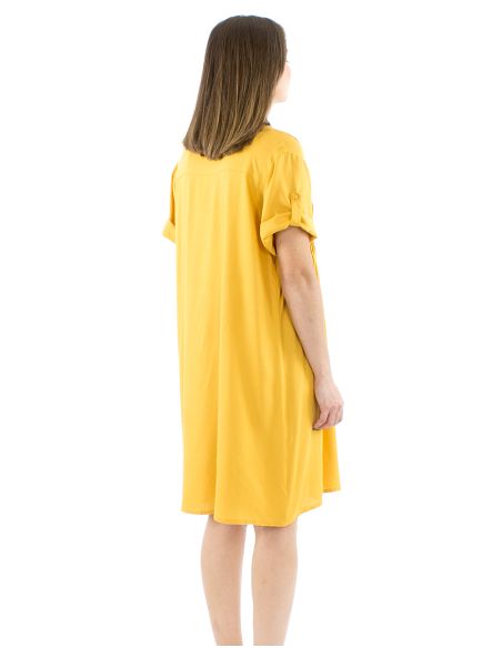 Vestido viscosa mangas cortas pliegue pecho