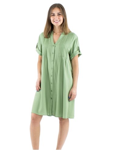 Vestido viscosa mangas cortas pliegue pecho