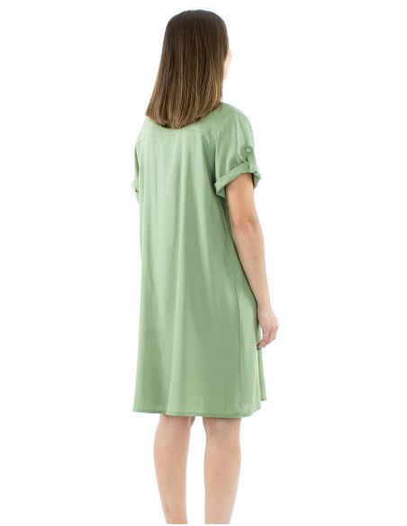 Vestido viscosa mangas cortas pliegue pecho