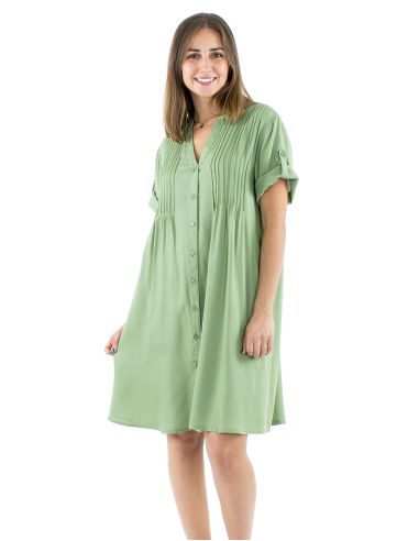 Vestido viscosa mangas cortas pliegue pecho
