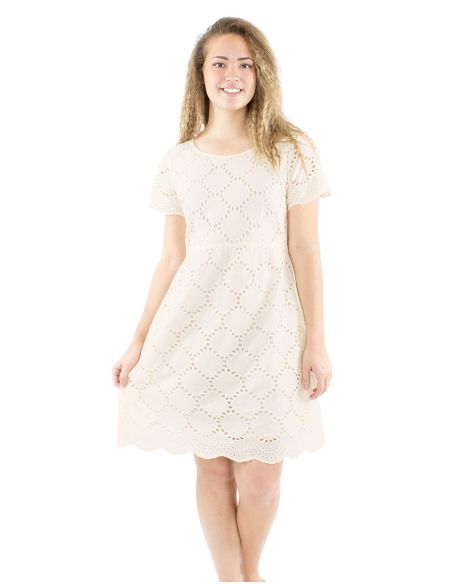 Vestido algodon liso bordado mangas cortas cuello redondo