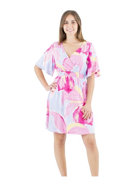 Vestido viscosa mangas cortas talla elastica estampado orquidea