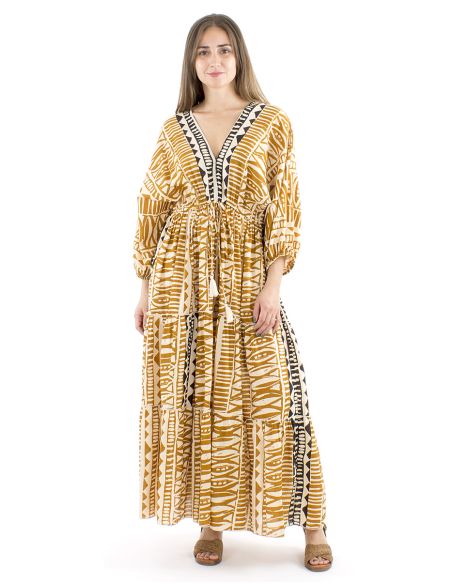 Vestido algodon block mangas mariposas cuello y espalda en v