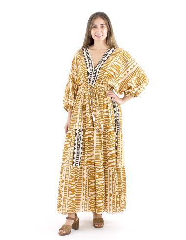 Vestido algodon block mangas mariposas cuello y espalda en v