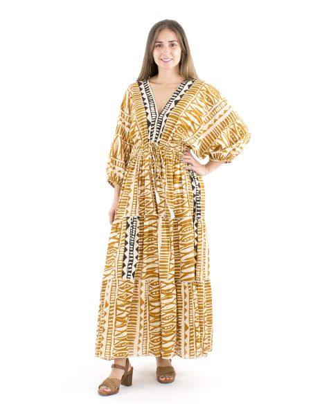 Vestido algodon block mangas mariposas cuello y espalda en v