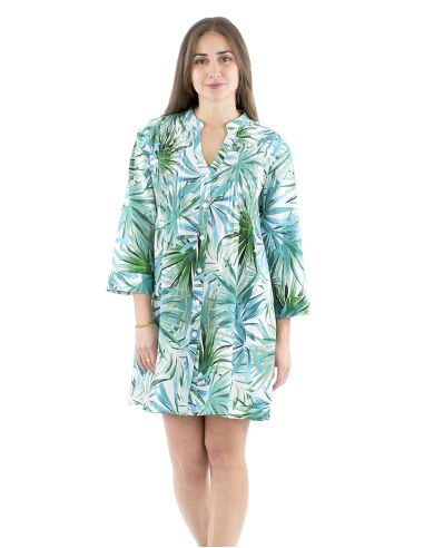 Vestido tunica algodon pliegue pecho estampado palma