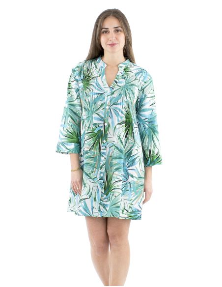 Vestido tunica algodon pliegue pecho estampado palma