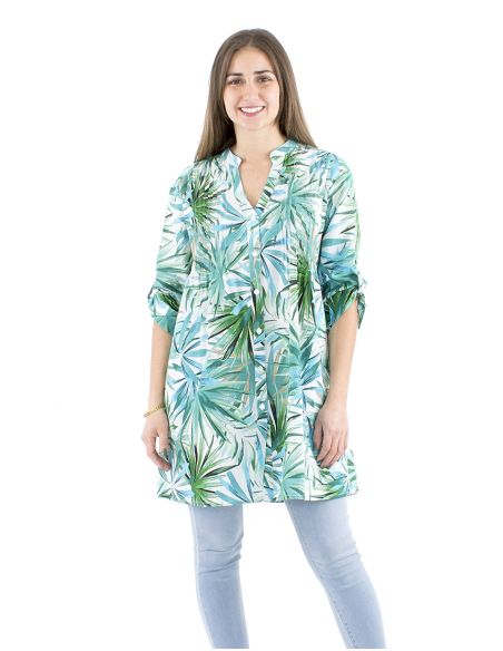Vestido tunica algodon pliegue pecho estampado palma