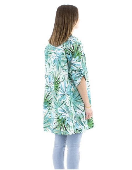 Vestido tunica algodon pliegue pecho estampado palma