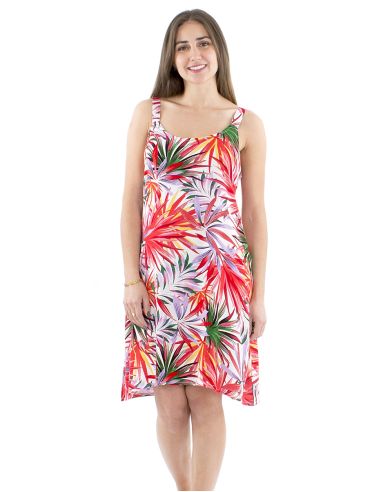 Vestido viscosa liso tirantes anchos estampado palma