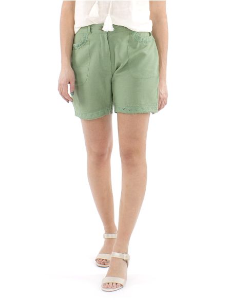 Pantalon corto 91% viscosa 9% lino encaje bolsillos y bajo