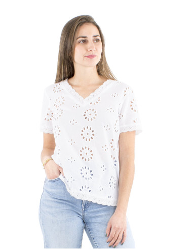 Blusa algodon blanco bordado mangas cortas...
