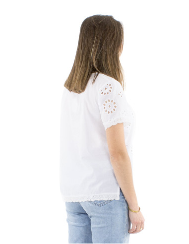 Blusa algodon blanco bordado mangas cortas...
