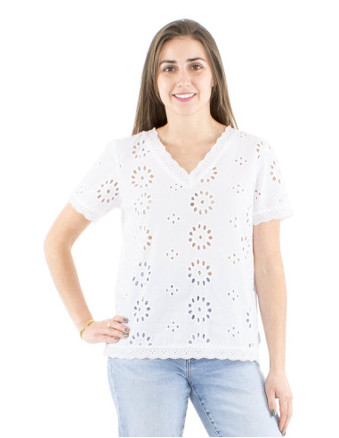 Blusa algodon blanco bordado mangas cortas...