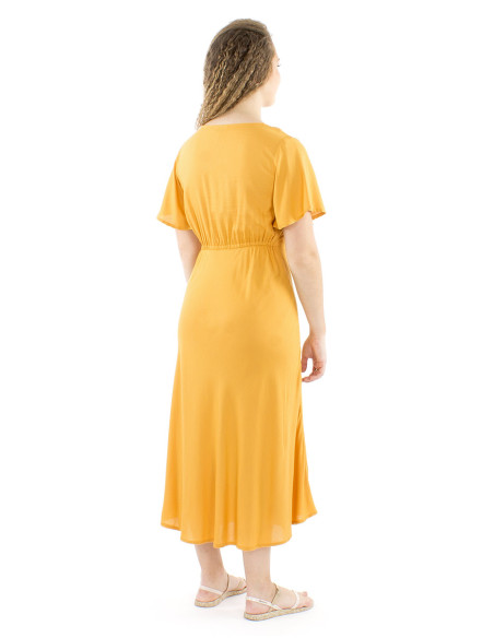 Vestido viscosa bordado mangas cortas lisa