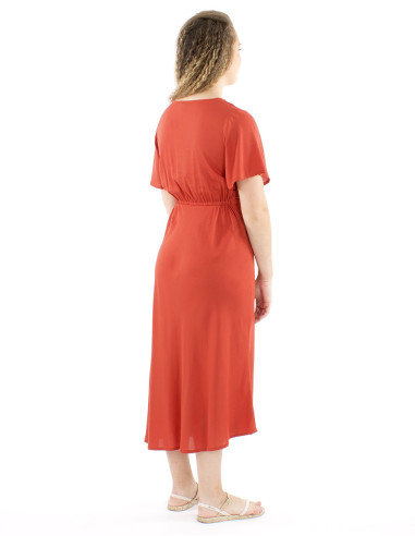 Vestido viscosa bordado mangas cortas lisa
