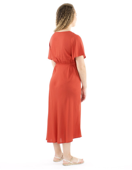 Vestido viscosa bordado mangas cortas lisa