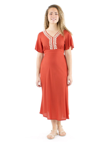 Vestido viscosa bordado mangas cortas lisa