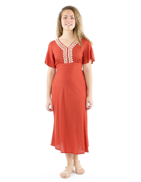Vestido viscosa bordado mangas cortas lisa