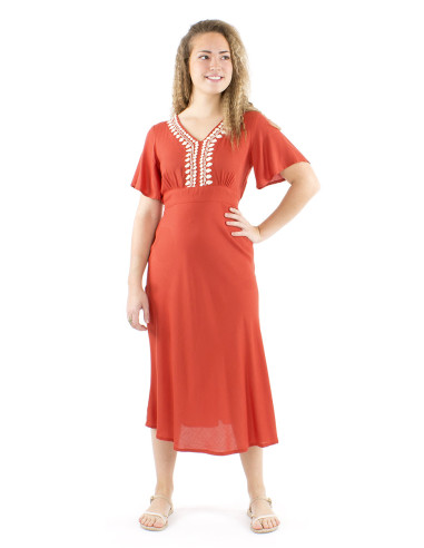 Vestido viscosa bordado mangas cortas lisa