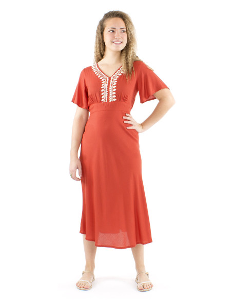 Vestido viscosa bordado mangas cortas lisa