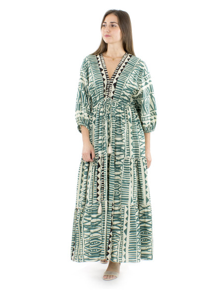 Vestido algodon block mangas mariposas cuello y espalda en v