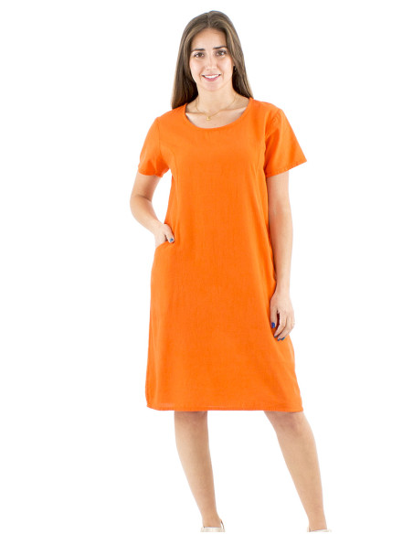 Vestido algodon liso mangas cortas bolsillos sw