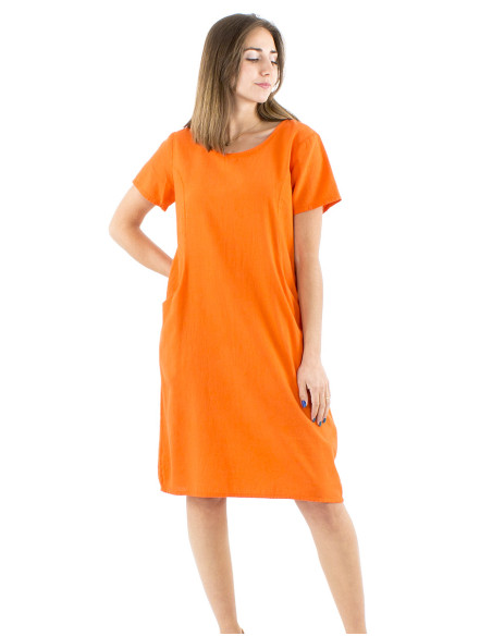 Vestido algodon liso mangas cortas bolsillos sw