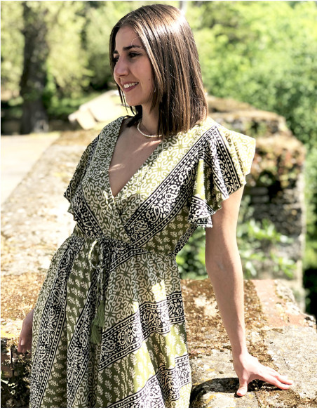 Vestido algodon block m cortas biais  cruzado estampado 3009