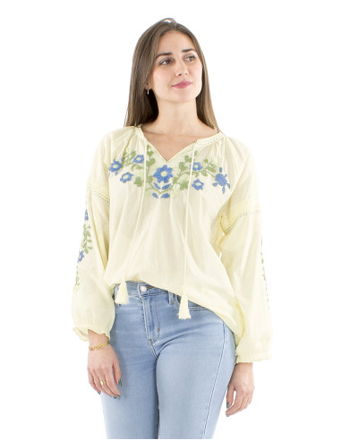 Blusa algodon mangas 3/4 bordado manos