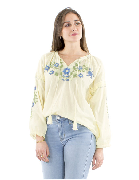 Blusa algodon mangas 3/4 bordado manos