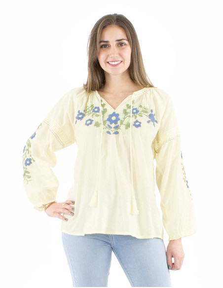 Blusa algodon mangas 3/4 bordado manos