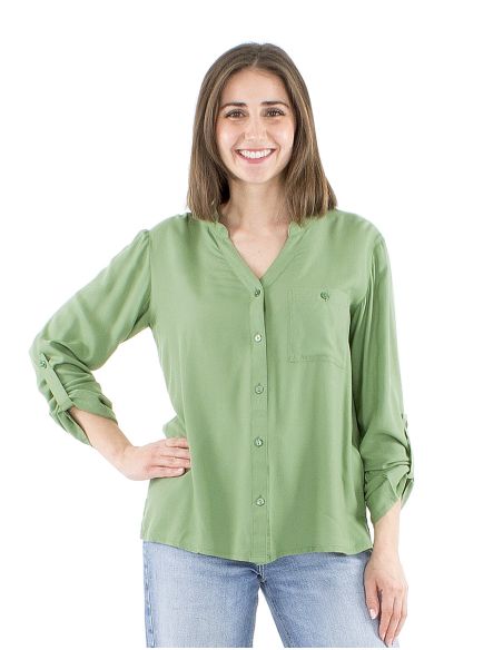 Blusa viscosa lisa con botones mangas largas