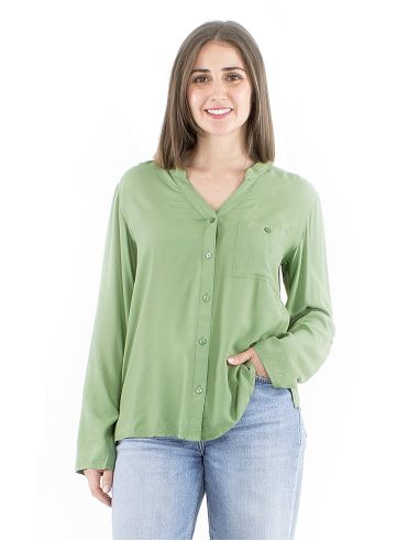 Blusa viscosa lisa con botones mangas largas