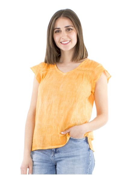 Blusa algodon lisa subreteñida pequeñas mangas encaje