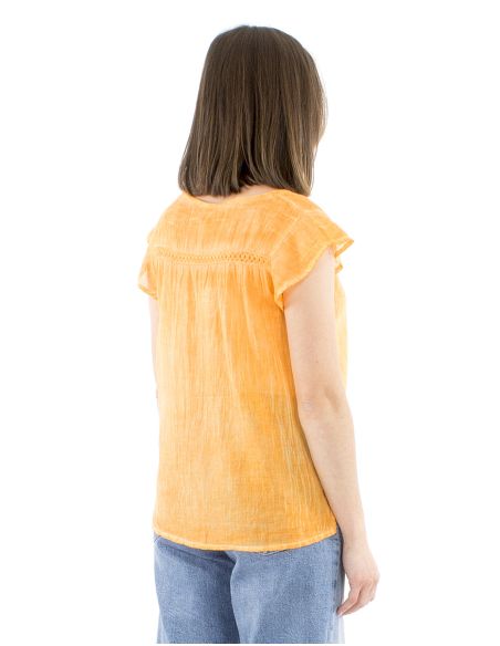 Blusa algodon lisa subreteñida pequeñas mangas encaje