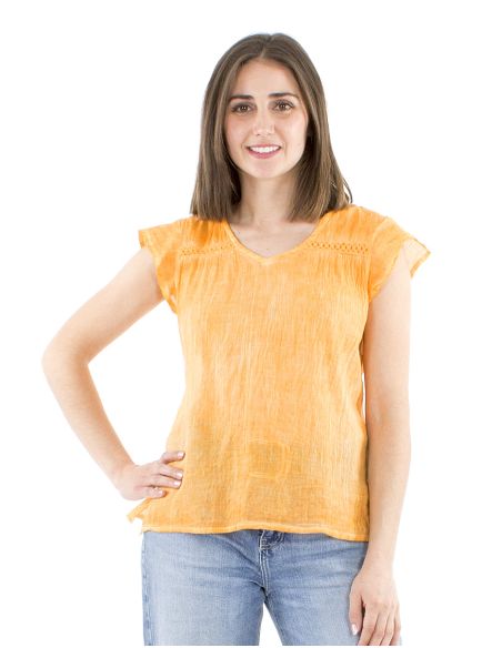 Blusa algodon lisa subreteñida pequeñas mangas encaje