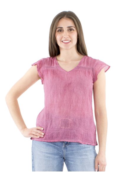 Blusa algodon lisa subreteñida pequeñas mangas encaje