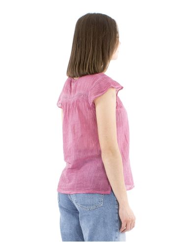 Blusa algodon lisa subreteñida pequeñas mangas encaje