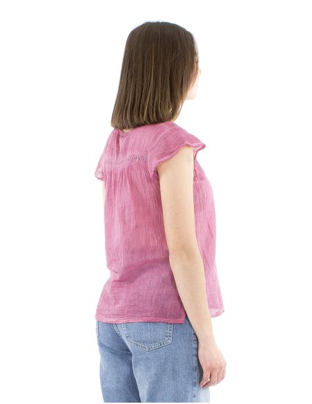 Blusa algodon lisa subreteñida pequeñas mangas encaje
