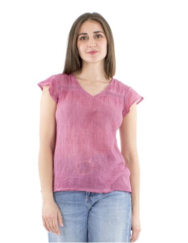 Blusa algodon lisa subreteñida pequeñas mangas encaje