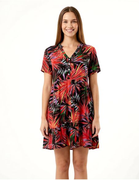 Vestido viscosa mangas cortas estampado palma