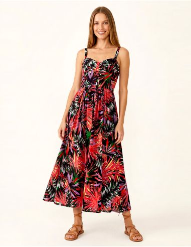 Vestido viscosa tirantes anchos estampado palma