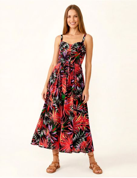 Vestido viscosa tirantes anchos estampado palma