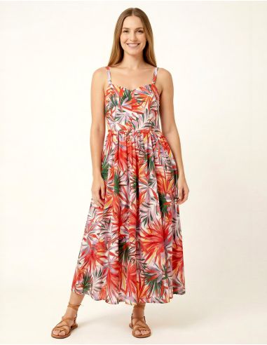 Vestido viscosa tirantes anchos estampado palma