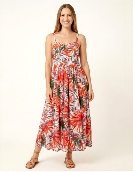 Vestido viscosa tirantes anchos estampado palma