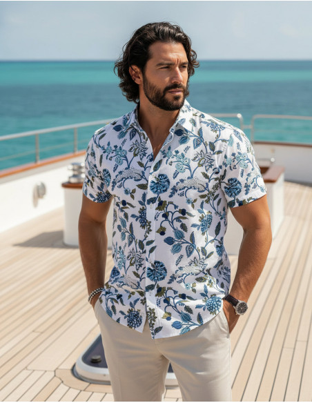 Camisa de hombre de algodón con mangas cortas estampada