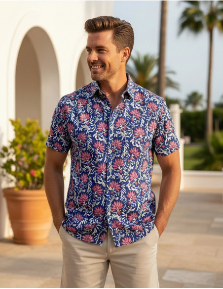 Camisa de hombre de algodón con mangas cortas y estampado floral