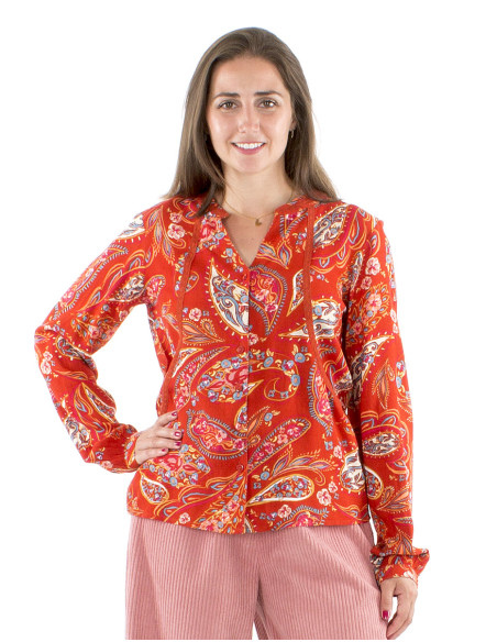 Blusa viscosa mangas largas estampado lianas encaje
